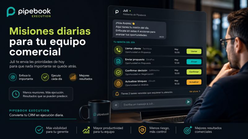 Asistente de Pipebook enviando misiones diarias al equipo comercial